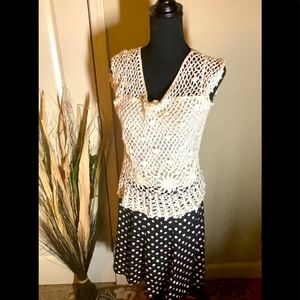Crochet white blouse and black and white skirt